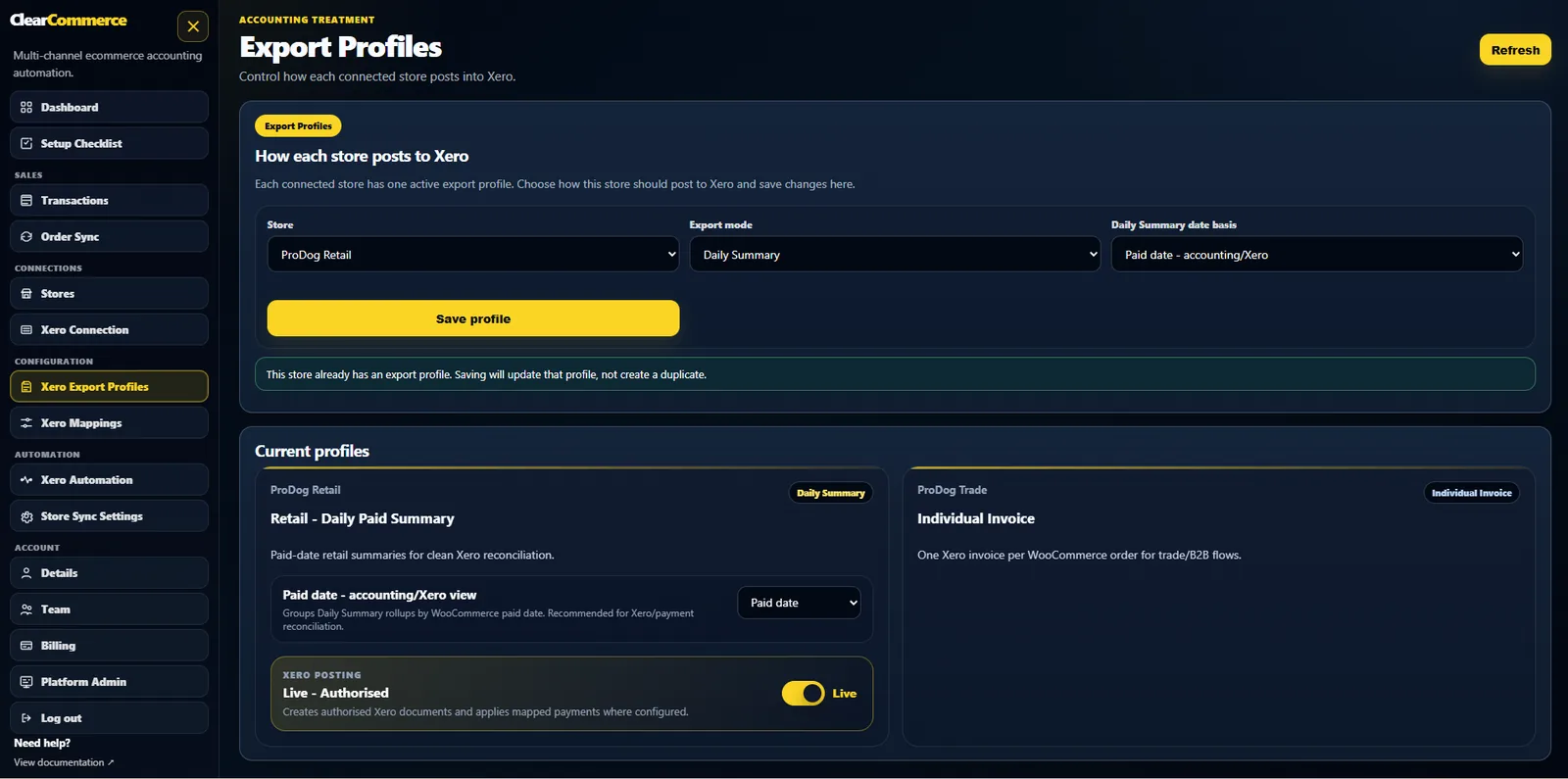 ClearCommerce export profiles for daily summaries and individual invoices