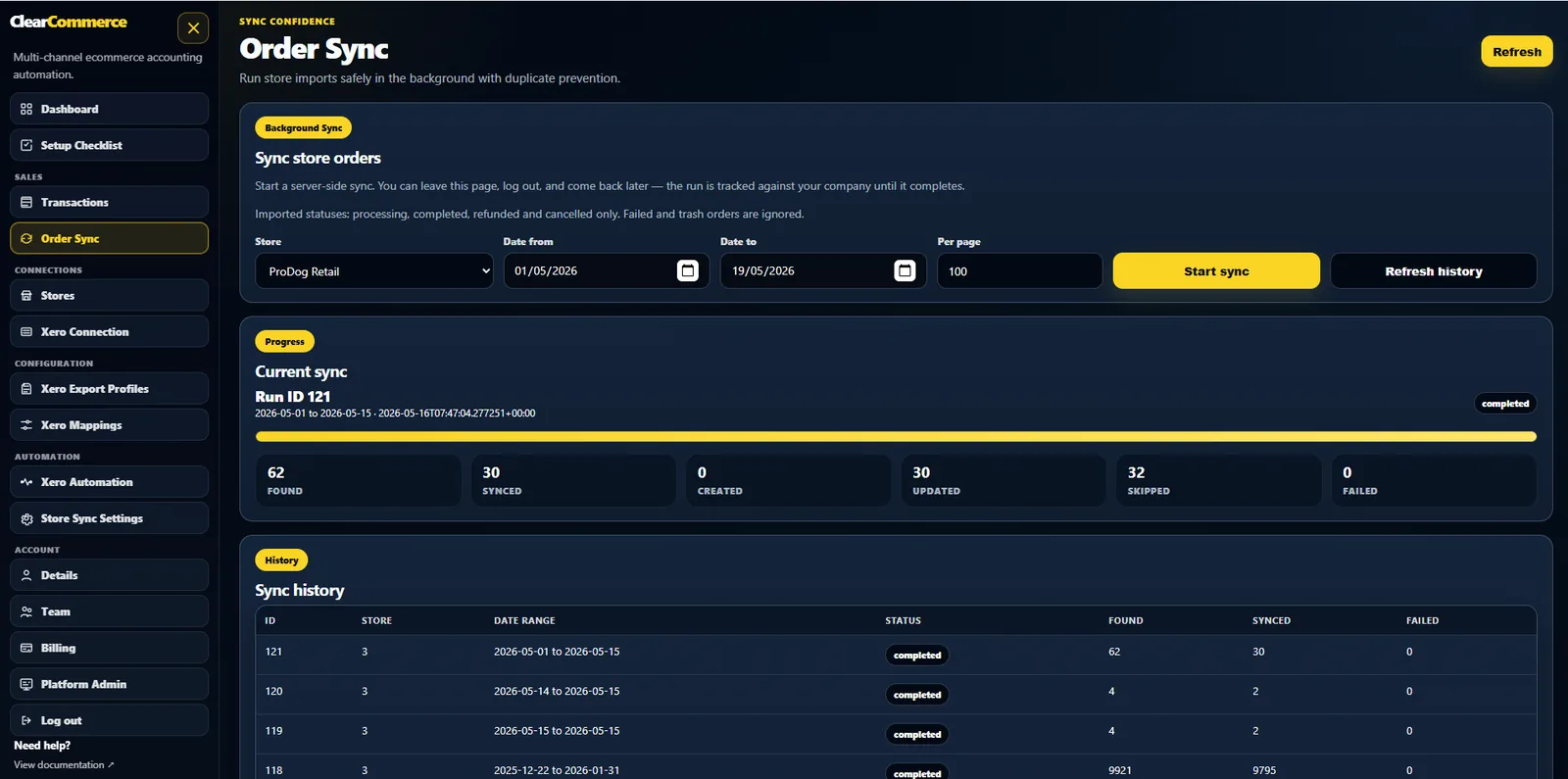 ClearCommerce WooCommerce order and refund sync history