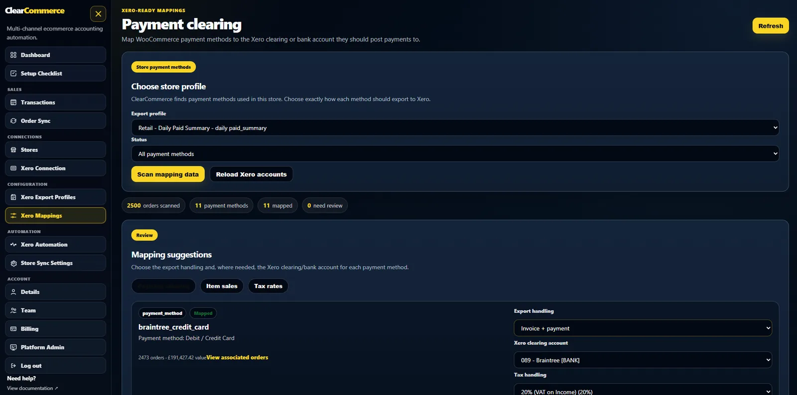 ClearCommerce payment clearing account mappings