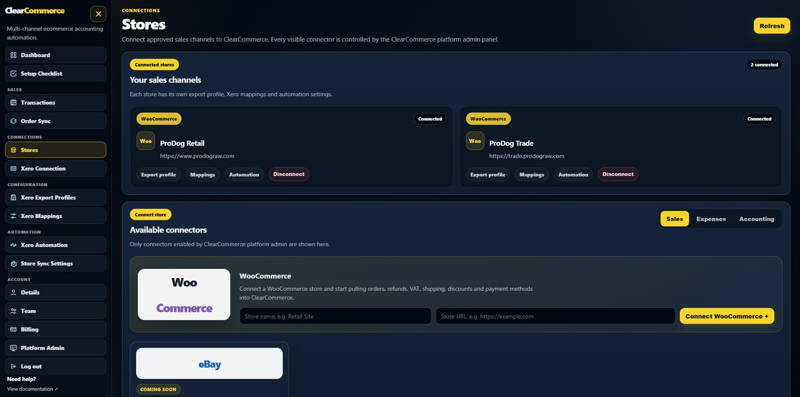 ClearCommerce multi-channel ecommerce store connections