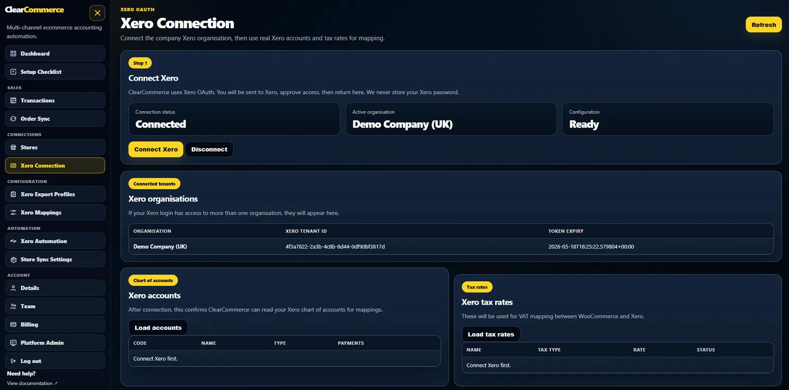 ClearCommerce Xero OAuth connection and organisation selection